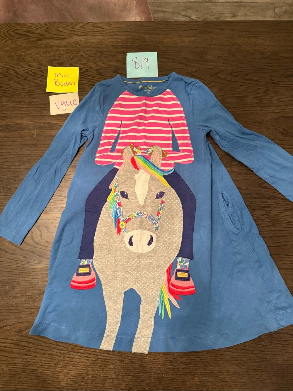 Mini Boden 8/9 Girls' Blue Horse Graphic Long-Sleeve Dress Top